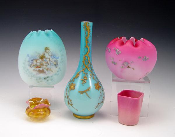 Appraisal: PIECE GROUP VICTORIAN ART GLASS Peach blow salt '' dia