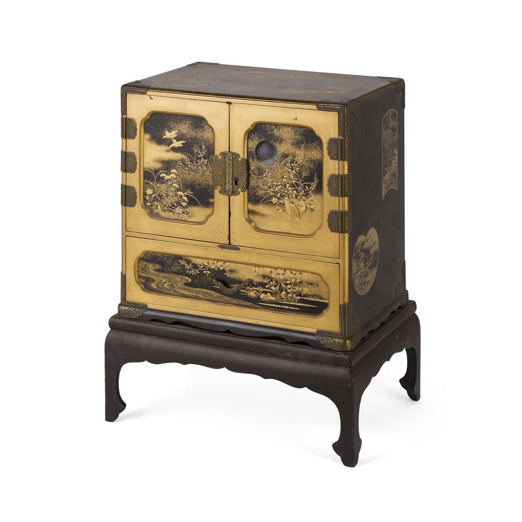 Appraisal: JAPANESE LACQUER TABLE CABINET TH CENTURY of cubic form with