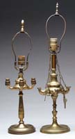 Appraisal: TWO BRASS ELECTRIFIED LUCERNA LAMPS Both having drilled bases One