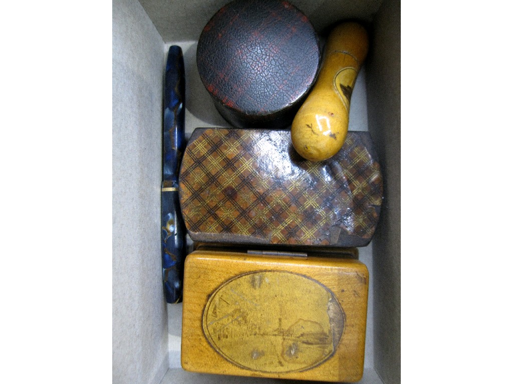 Appraisal: Lot comprising four Mauchline boxes and a fountain pen