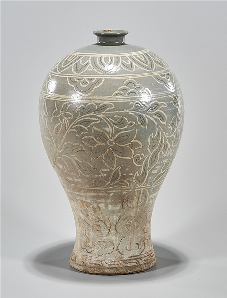 Appraisal: Korean celadon glazed meiping vase all over designs x approx