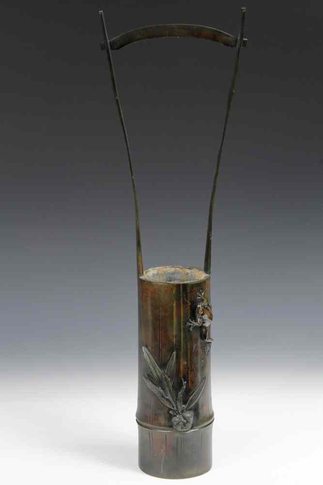 Appraisal: JAPANESE MEIJI PERIOD BRONZE VASE- imitating bamboo decorated with a