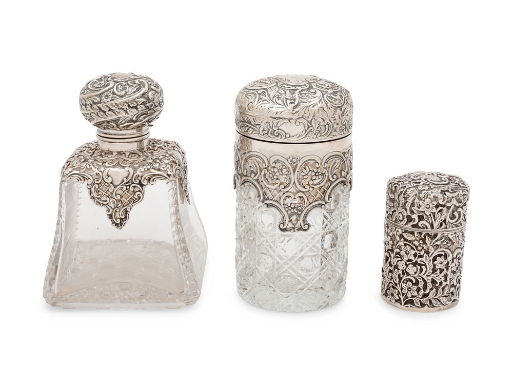 Appraisal: Three English Silver Mounted Cut Glass Articles Three English Silver