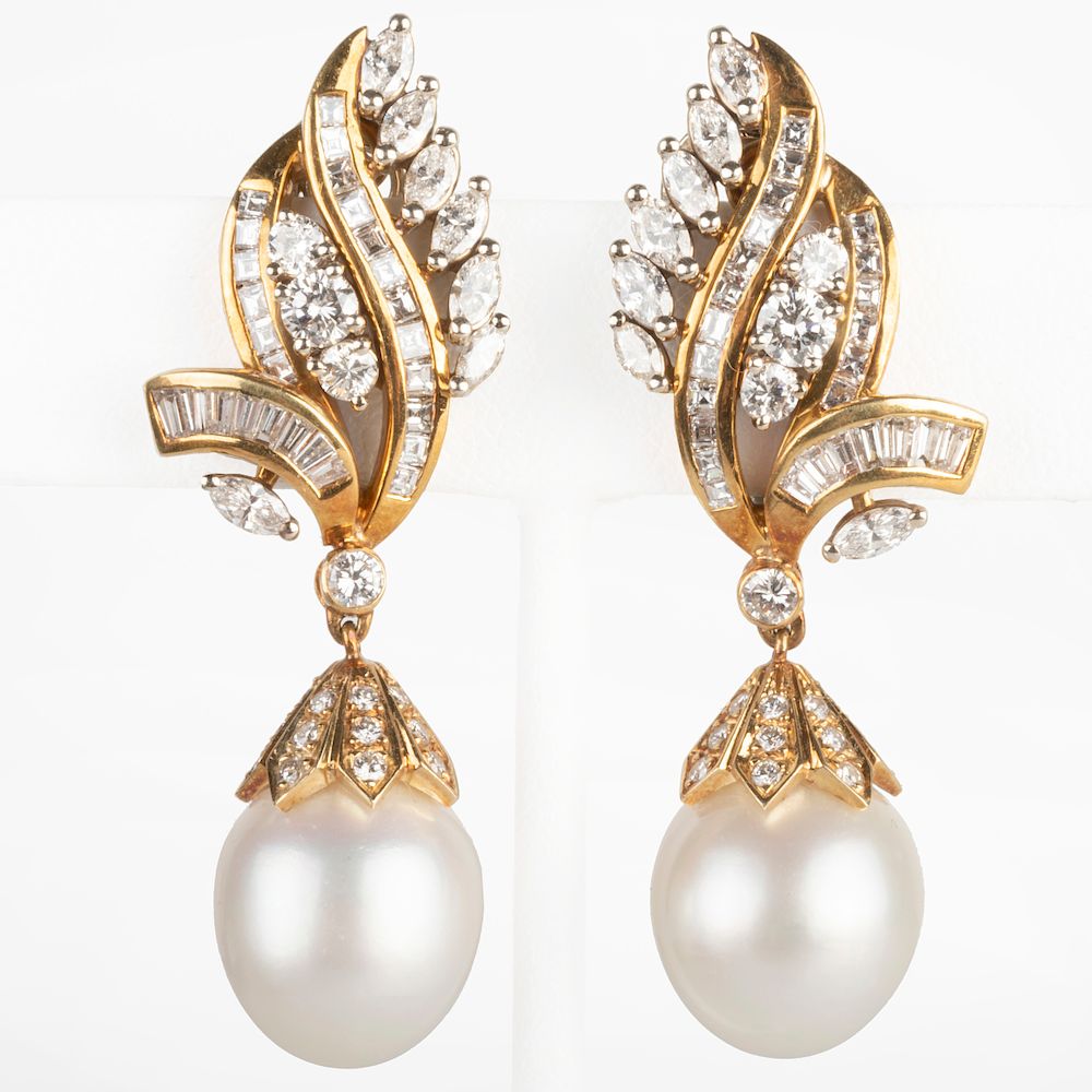 Appraisal: k Gold Diamond and South Sea Pearl Drop Earclips k