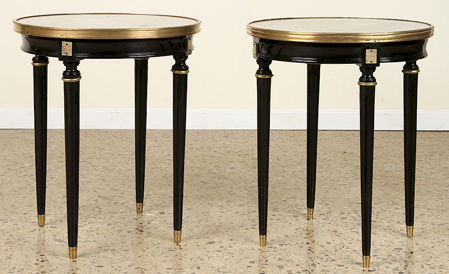 Appraisal: PAIR EBONIZED MARBLE TOP SIDE TABLES C A pair of