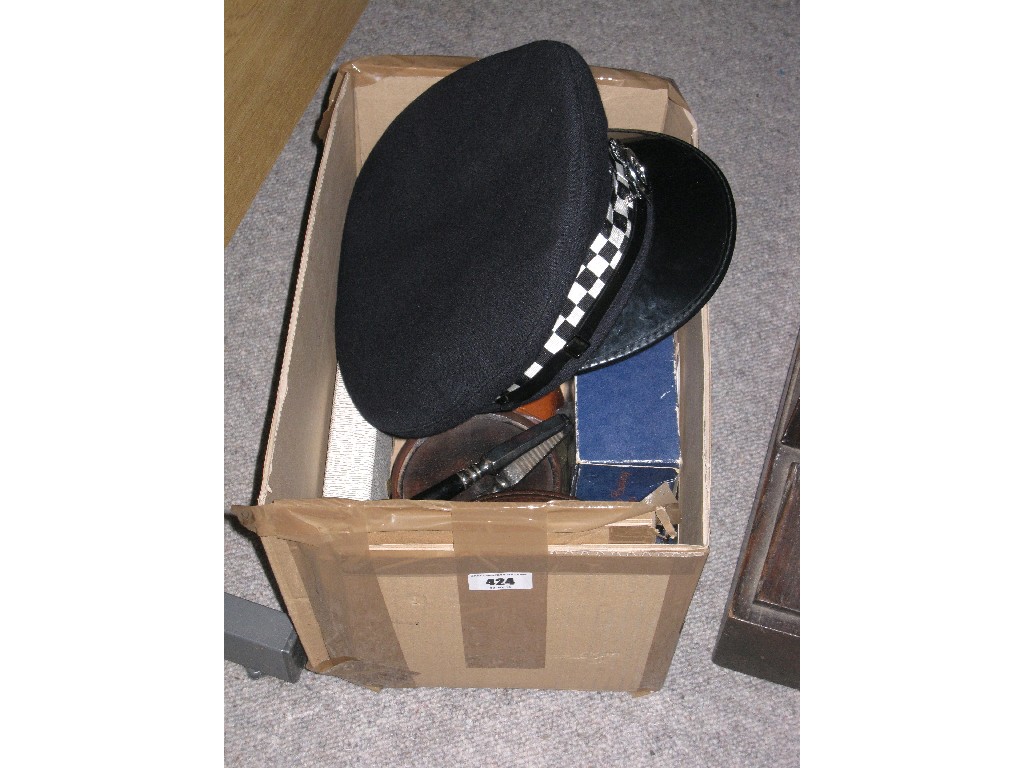 Appraisal: Box of miscellania - police cap etc