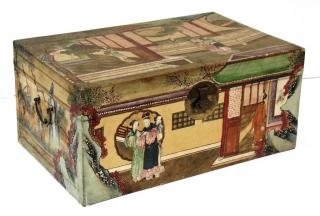 Appraisal: Hand The lightweight trunk painted overall with scenes of woman