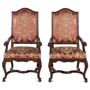 Appraisal: A Pair of R gence Style Walnut Fauteuils th Century