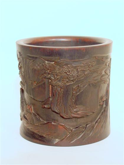 Appraisal: Large Chinese hardwood brushpot Of cylindrical form carved in medium