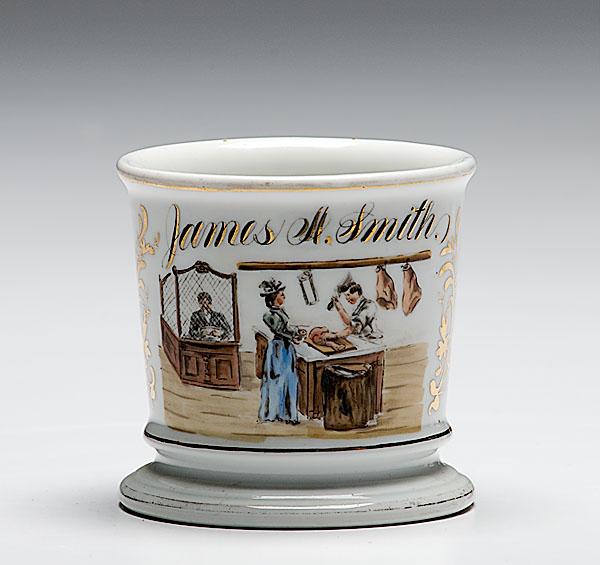 Appraisal: OCCUPATIONAL SHAVING MUG OF BUTCHER SHOP porcelain with polychrome painted