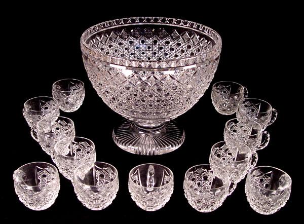 Appraisal: CUT GLASS PEDESTAL PUNCH BOWL CUPS Cut in a caned