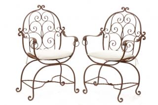 Appraisal: Pair French Wrought Iron Curule Garden Chairs French th century