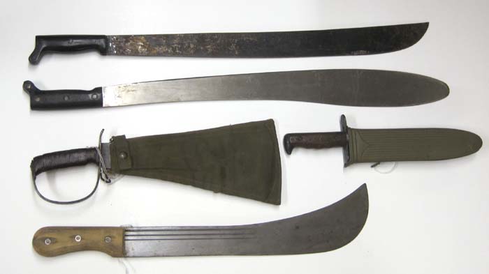 Appraisal: FIVE COLLECTABLE MACHETES KNIVES Plumb US model bolo dated wood