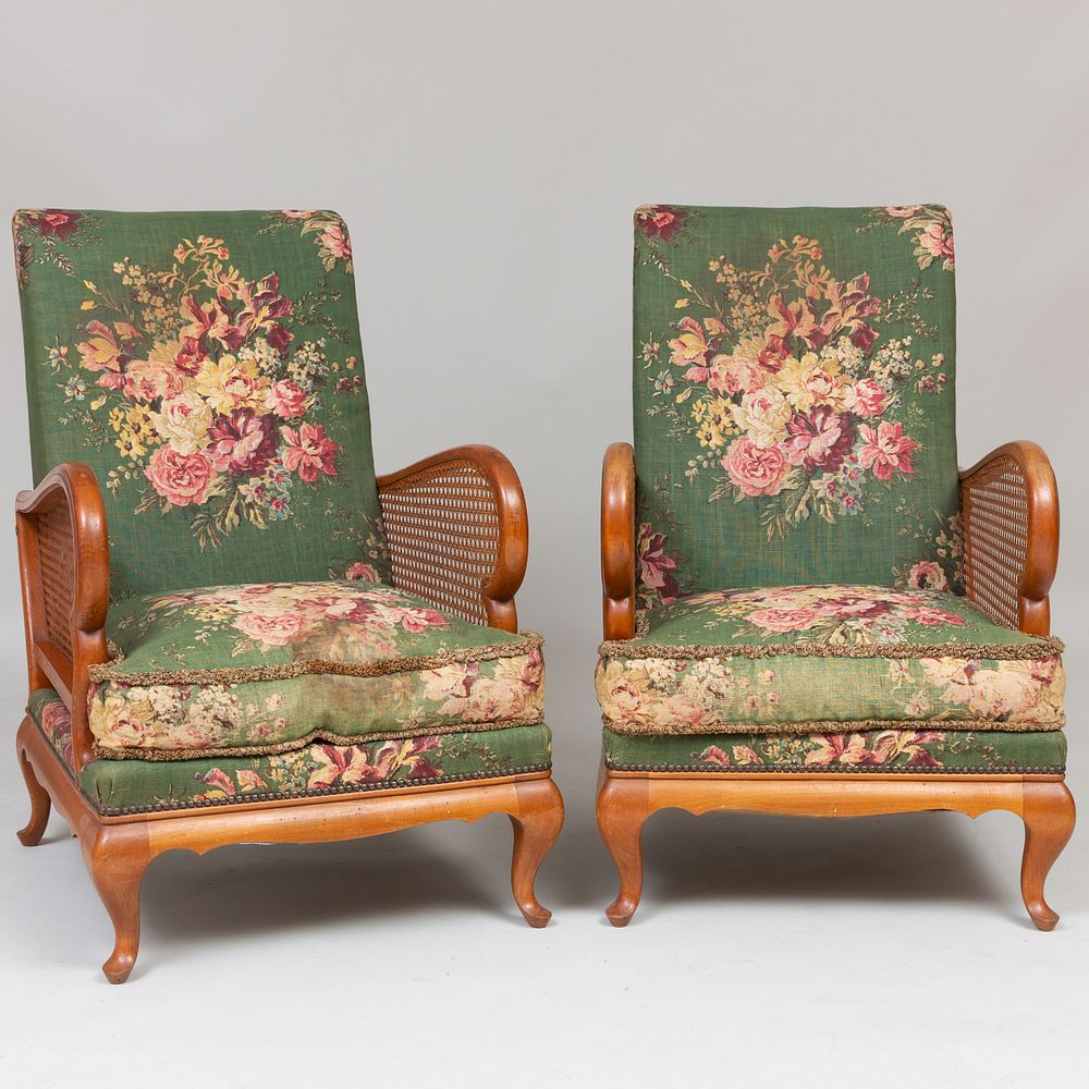 Appraisal: Pair of English Mahogany Caned and Linen Chintz Upholstered Armchairs