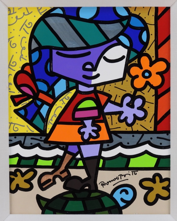 Appraisal: ROMERO BRITTO POP ART GIRL FIGURE PAINTING Florida Brazilb Polychromatic