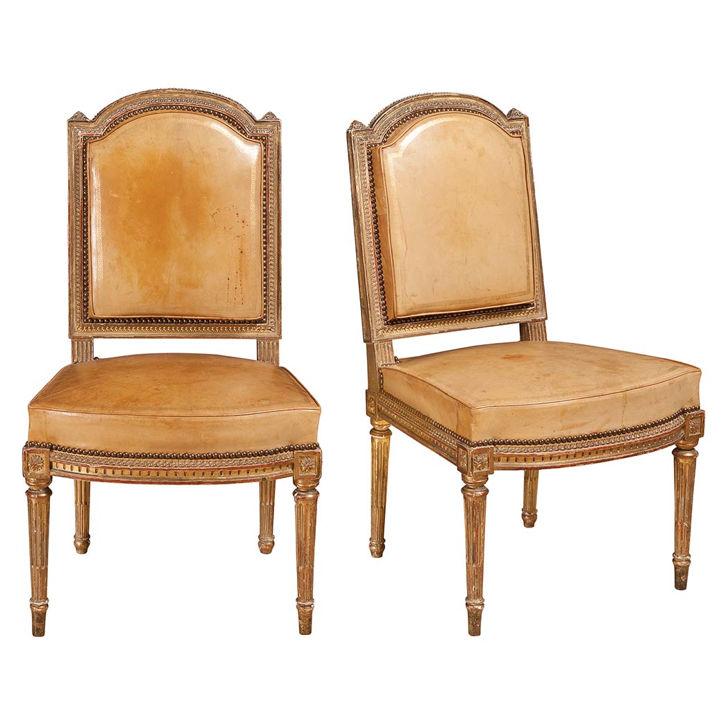 Appraisal: Pair of Louis XVI Style Gilt-Wood Side Chairs Each leather