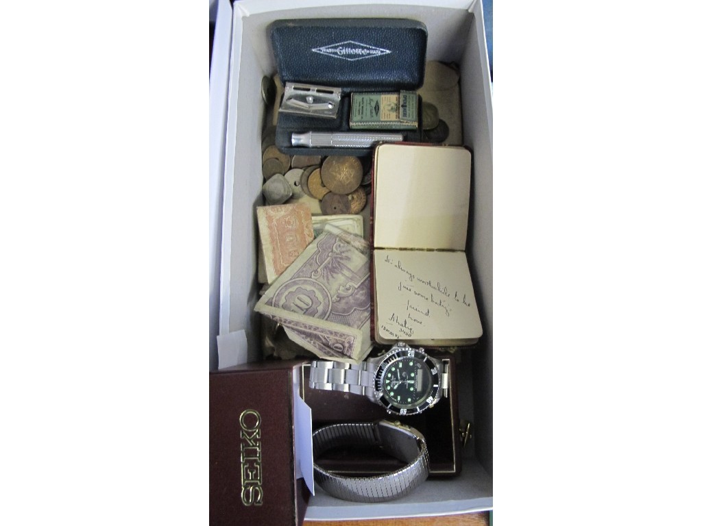 Appraisal: Box of coins banknotes and watches