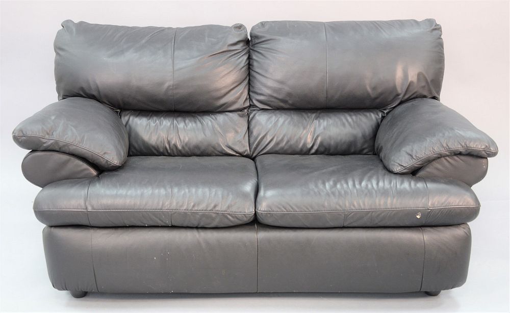 Appraisal: Black leather two-cushion loveseat ht wd dp Black leather two-cushion