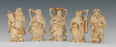 Appraisal: A Group of Five Carved Ivory Immortals Containing a male