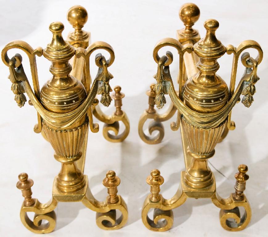 Appraisal: PAIR OF LATE th CENTURY ADAM REVIVAL BRASS ANDIRONS each