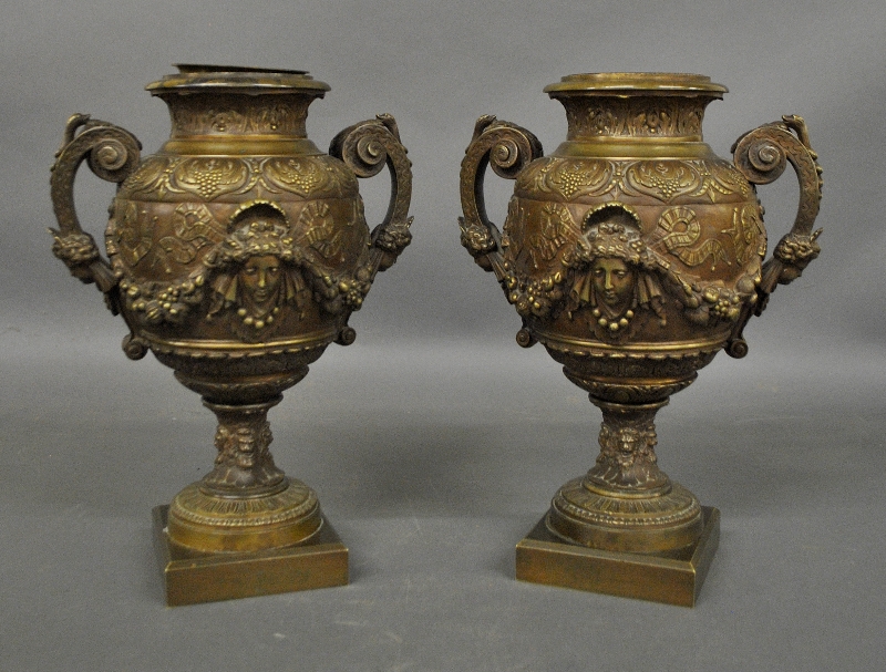 Appraisal: - Fine pair of French bronze urns late th c