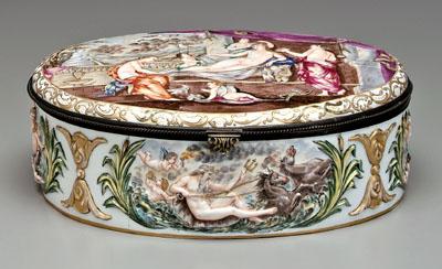 Appraisal: Large Capo-di-monte jewelry cask lid with interior scene bathing woman