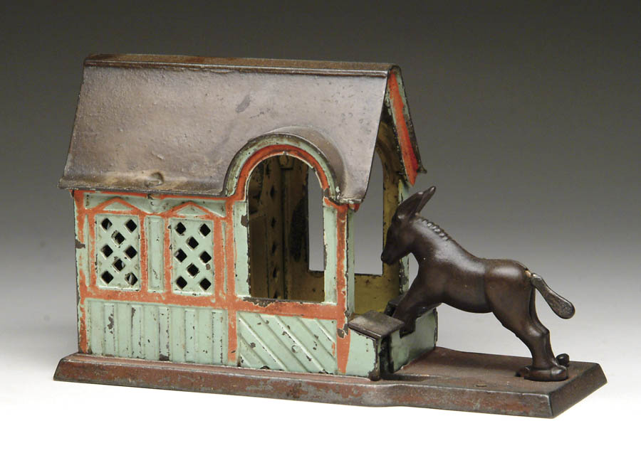 Appraisal: MULE ENTERING BARN MECHANICAL BANK Place coin behind mule's rear