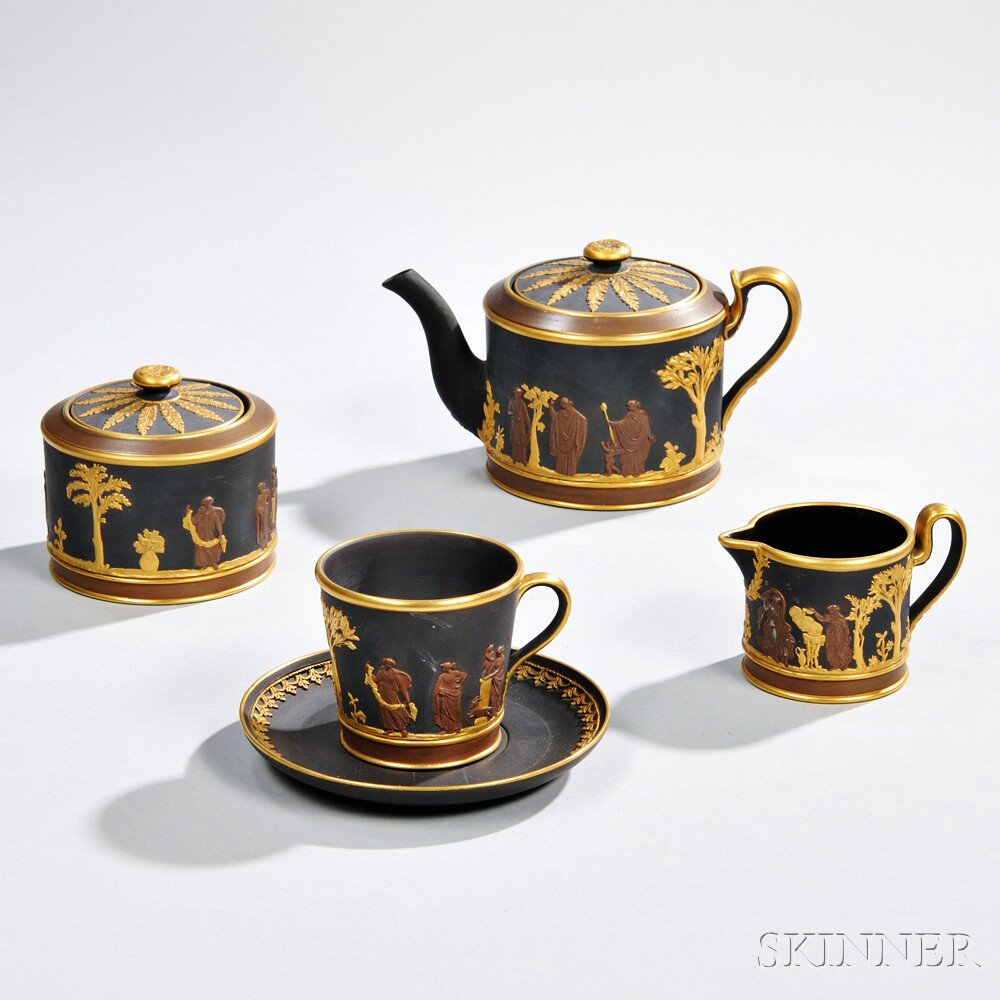 Appraisal: Wedgwood Four-piece Bronzed and Gilded Black Basalt Tea Set England