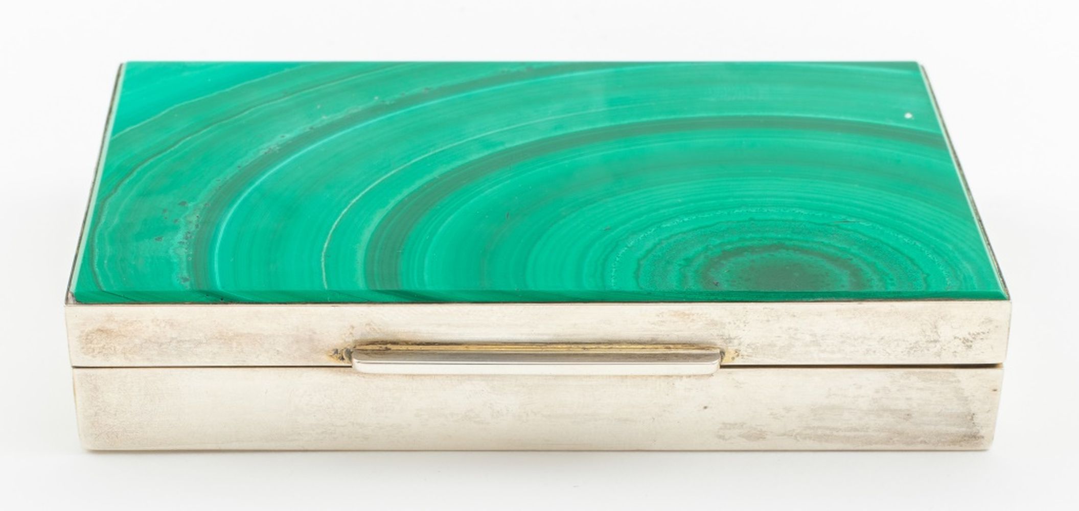 Appraisal: CARTIER STERLING MALACHITE MOUNTED TRINKET BOX Vintage Cartier sterling silver