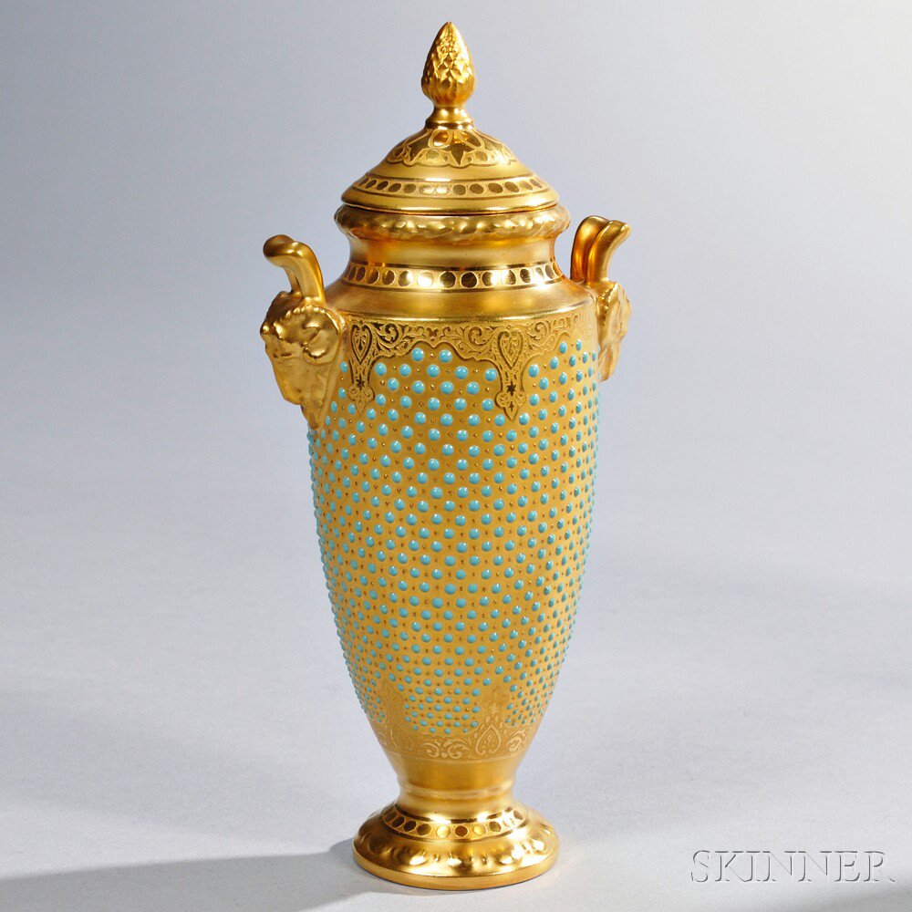 Appraisal: Jeweled Coalport Porcelain Vase and Cover England late th century