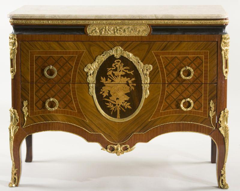 Appraisal: Louis XV Style Commode exotic wood veneers applied in book