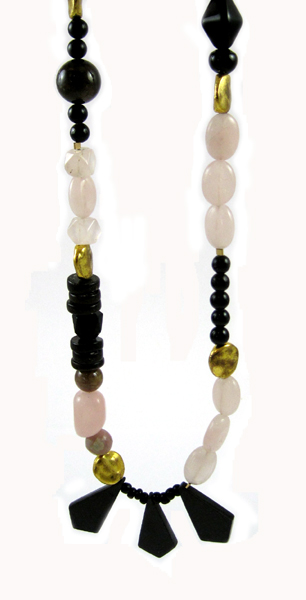 Appraisal: BEADED NECKLACE WITH ROSE QUARTZ BLACK ONYX and cattle horn