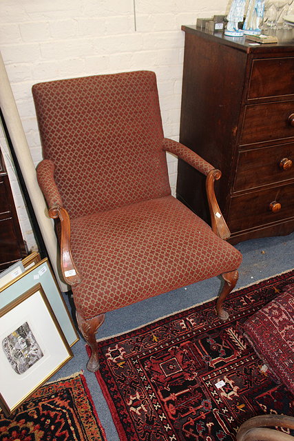 Appraisal: AN EARLY th CENTURY WALNUT FRAMED UPHOLSTERED LIBRARY CHAIR cabriole