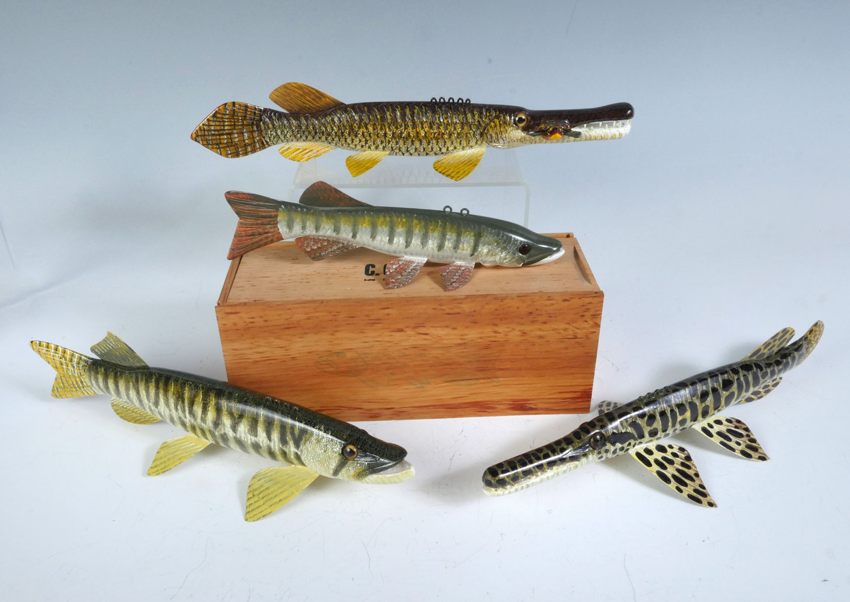 Appraisal: FOUR LARGE CARL CHRISTIANSEN FISH DECOY LOT Spotted Gar ''