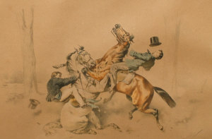 Appraisal: European School early th century- Collision on horse back hand-coloured