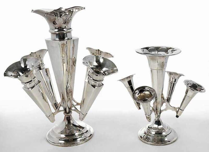 Appraisal: Two English Silver Epergnes Sheffield th century both with central