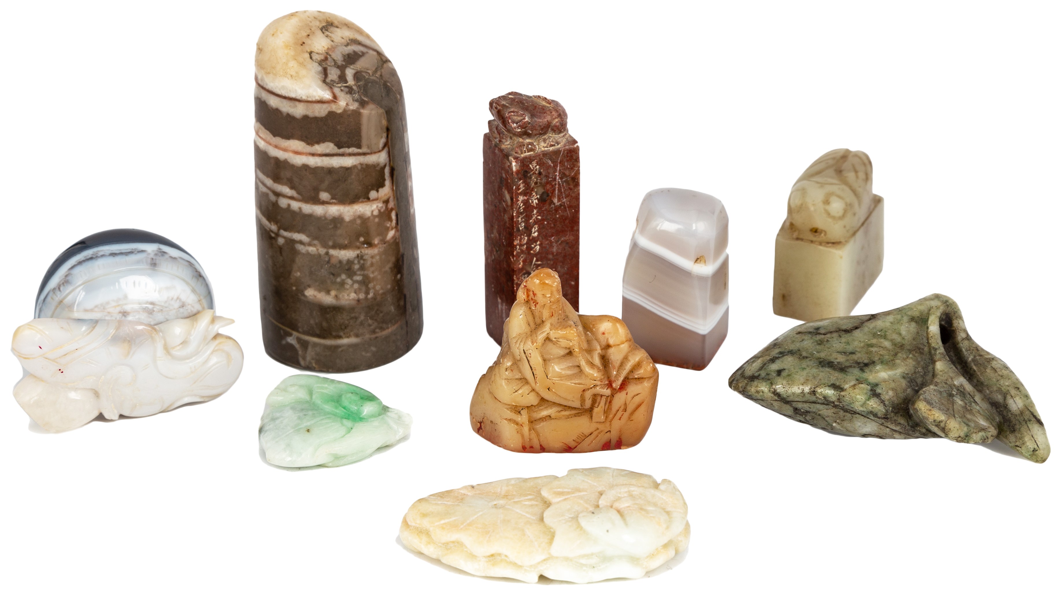 Appraisal: CHINESE CARVED JADE HARDSTONE AMULETS SCHOLAR SEALS including jade lotus