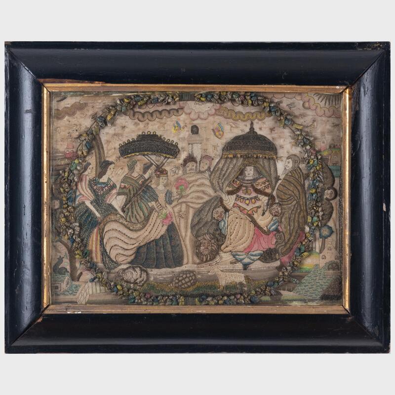 Appraisal: William and Mary English Stumpwork Picture An allegorical representation of