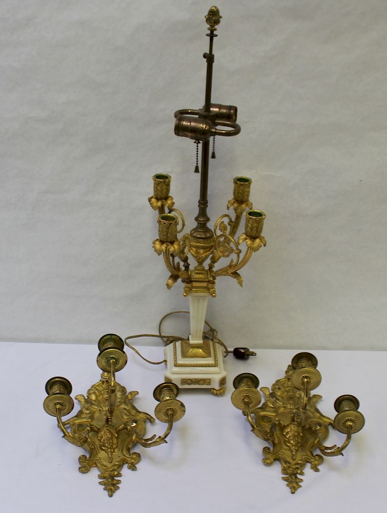 Appraisal: Pair of Gilt Bronze Sconces Together with a Marble and