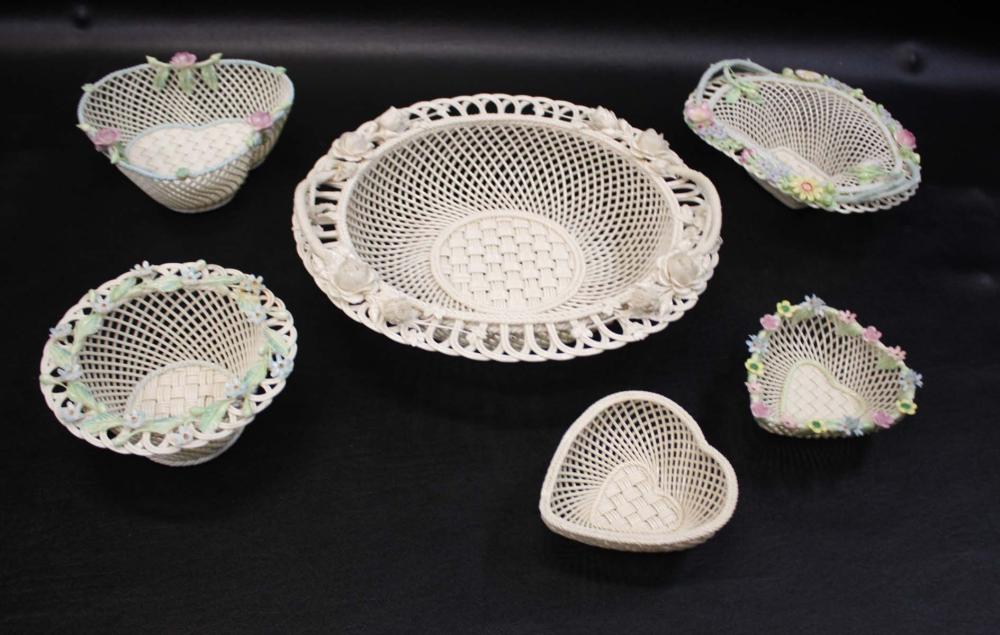 Appraisal: SIX BELLEEK PARIAN PORCELAIN BASKETS each four-strand Sydenham Twig Basket