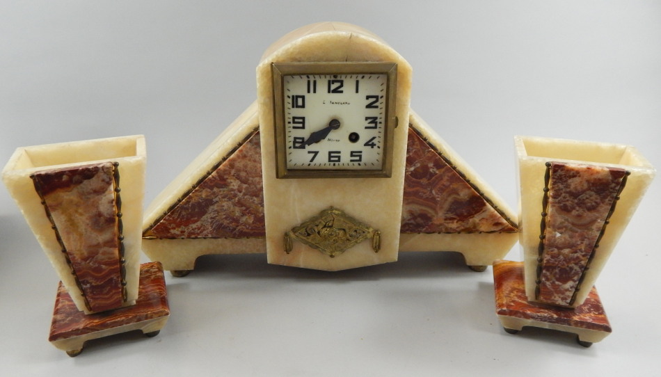 Appraisal: A French Art Deco style marble clock garniture with square