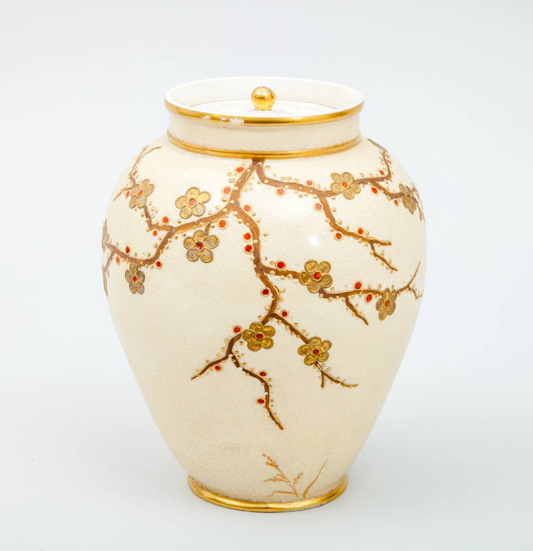 Appraisal: FAIENCE MANUFACTURING COMPANY GREENPOINT N Y COVERED JAR Gilt-decorated glazed