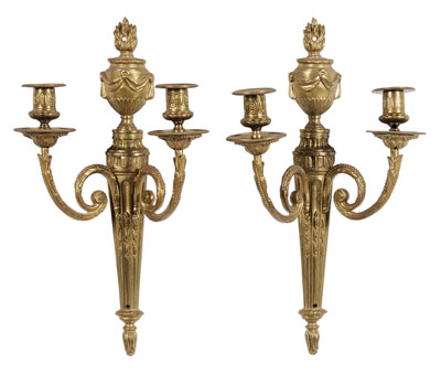 Appraisal: Pair Gilt Brass Sconces th century each torch with two