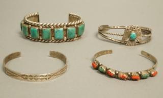 Appraisal: pcs Native American Indian Silver Bracelets set with Turquoise Coral