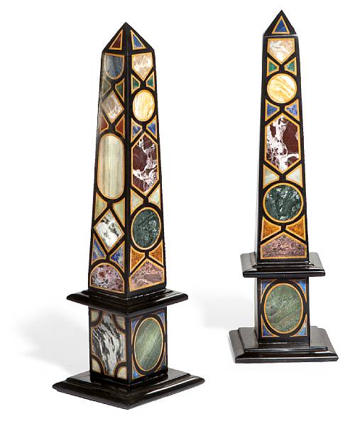 Appraisal: A pair of Neoclassical style pietra dura and marble obelisks