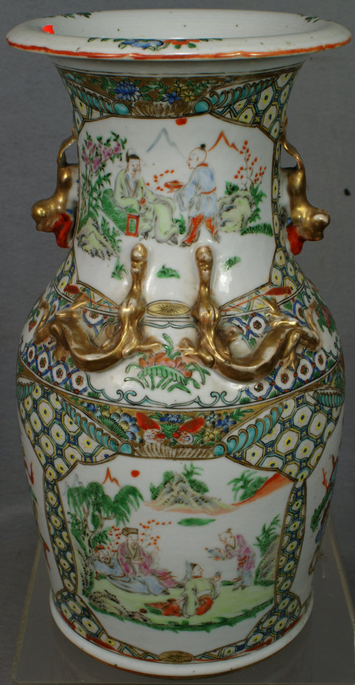 Appraisal: Famille verte vase with gilt foodog handles some wear h