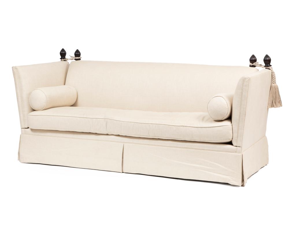 Appraisal: George Smith Linen-Upholstered Tiplady Knole Sofa lobed finials adjustable arms