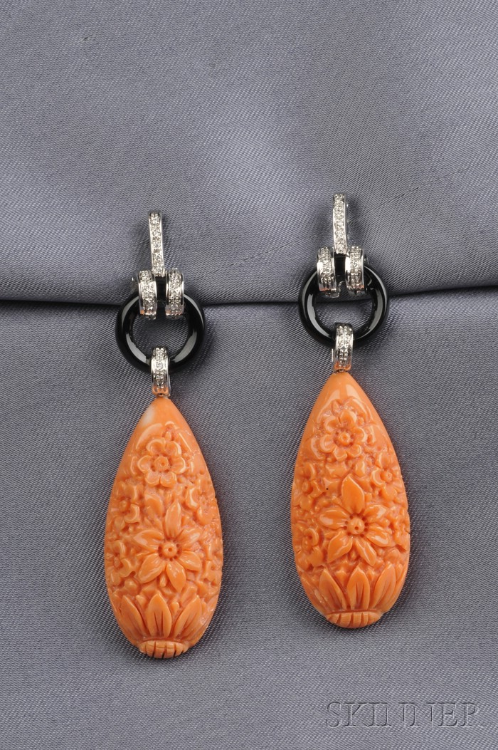 Appraisal: kt White Gold Coral Black Onyx and Diamond Earpendants each