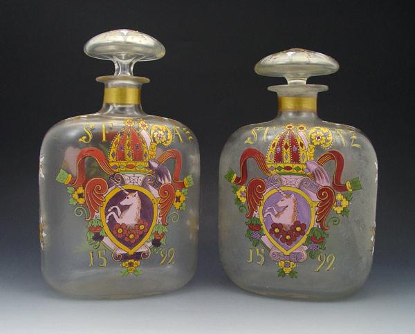 Appraisal: PAIR OF HERALDIC HAND ENAMELED BLOWN GLASS DECANTERS Approx ''