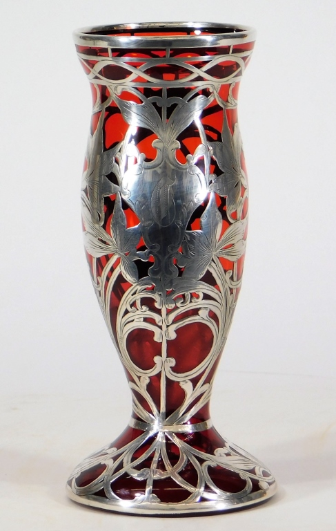 Appraisal: C ART NOUVEAU SILVER OVERLAY RUBY GLASS VASE United States